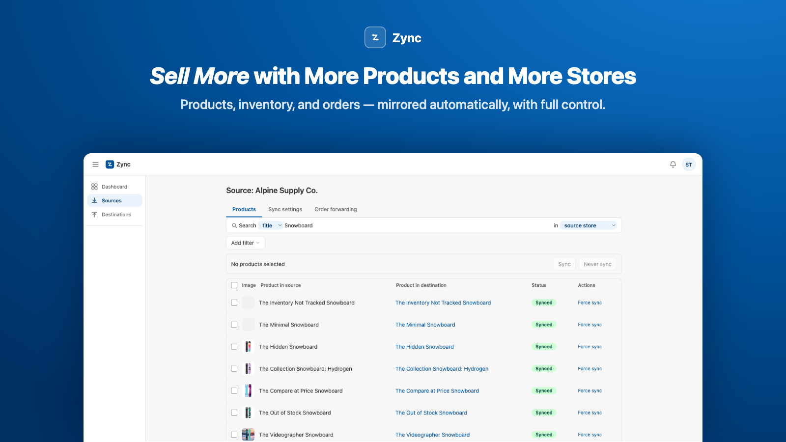 Zync product catalog syncing between two Shopify stores